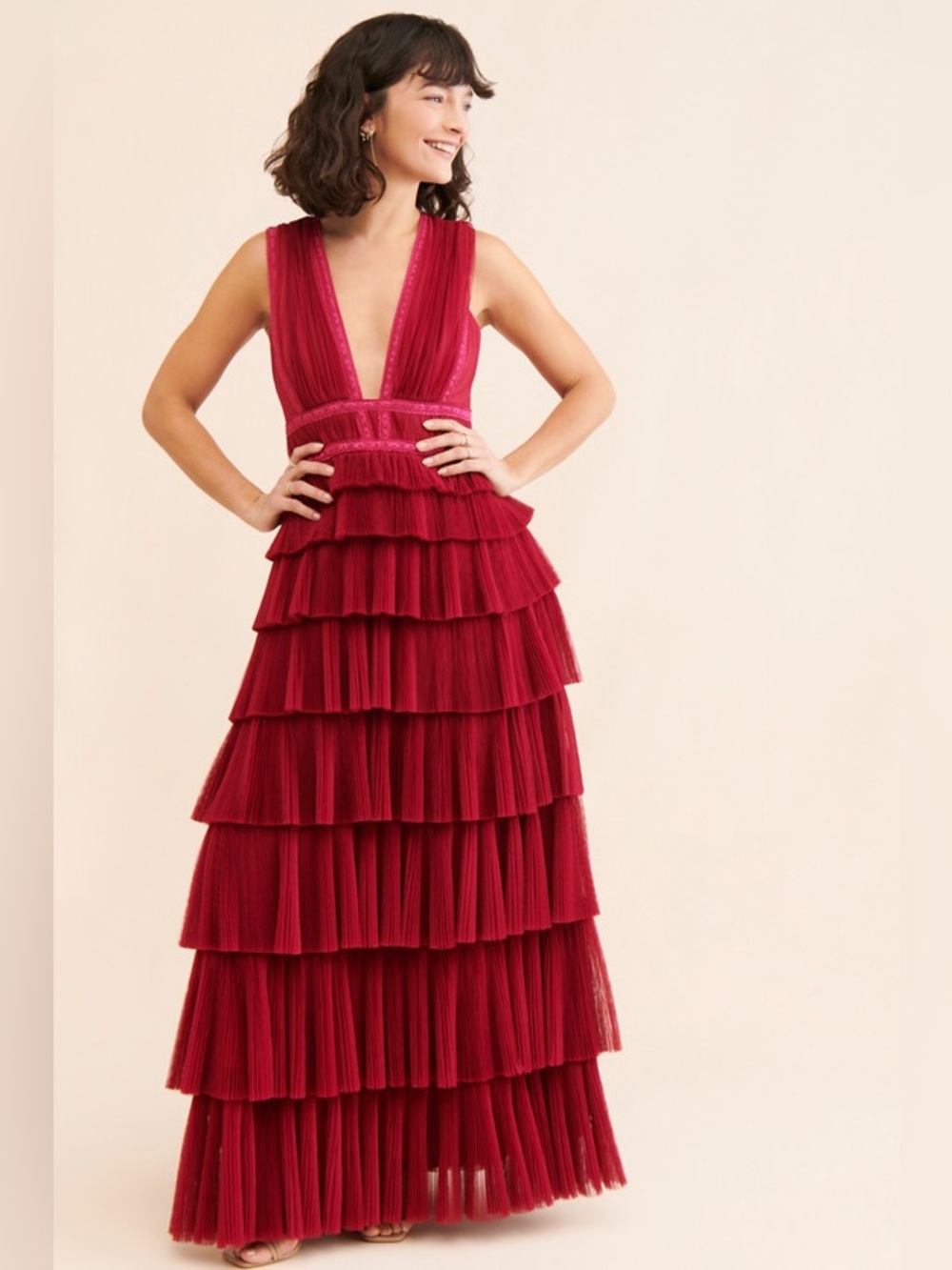 New Hutch x Anthropologie Raspberry Tiered Tulle Maxi Dress Gown sz 8
